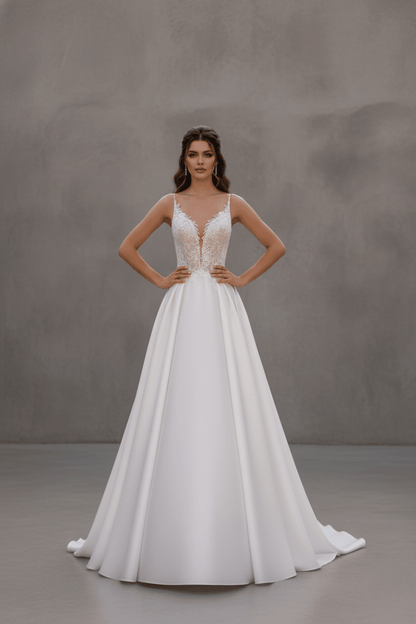 A - Line Wedding Dress Deep V Neck Lace Bodice Bridal Gown Tulle Skirt Elegant Strap Wedding Dress - Wedding Dress - SilqueBridal
