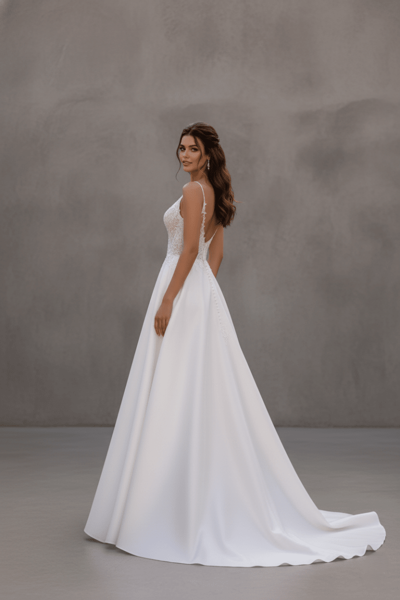 A - Line Wedding Dress Deep V Neck Lace Bodice Bridal Gown Tulle Skirt Elegant Strap Wedding Dress - Wedding Dress - SilqueBridal