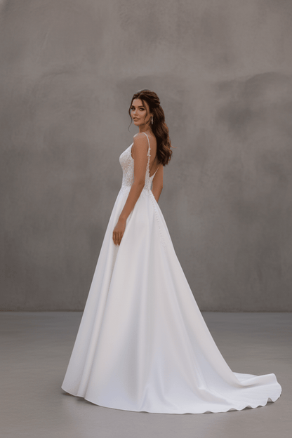 A - Line Wedding Dress Deep V Neck Lace Bodice Bridal Gown Tulle Skirt Elegant Strap Wedding Dress - Wedding Dress - SilqueBridal