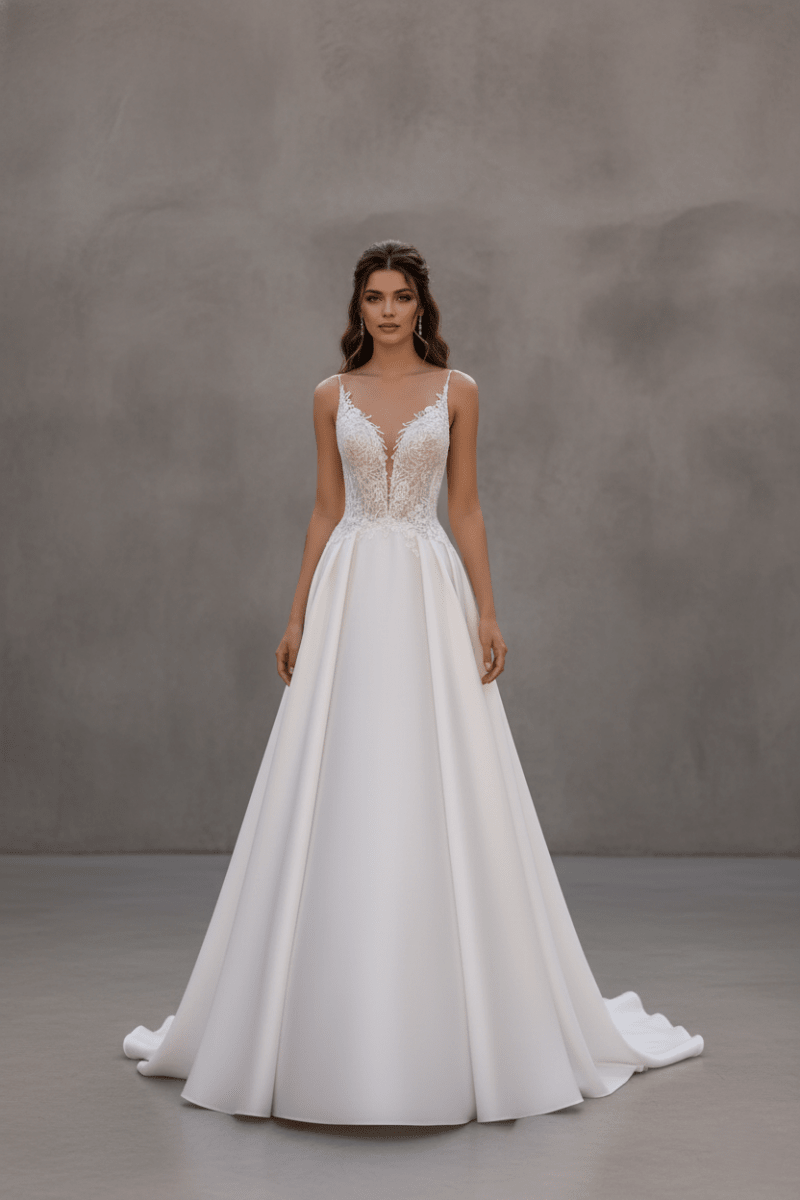 A - Line Wedding Dress Deep V Neck Lace Bodice Bridal Gown Tulle Skirt Elegant Strap Wedding Dress - Wedding Dress - SilqueBridal