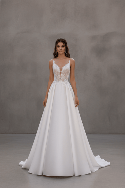 A - Line Wedding Dress Deep V Neck Lace Bodice Bridal Gown Tulle Skirt Elegant Strap Wedding Dress - Wedding Dress - SilqueBridal