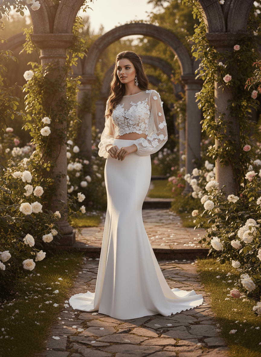 Boho Two Piece Wedding Dress Lace Crop Top Long Sleeve Bridal Gown - Wedding Dress - SilqueBridal
