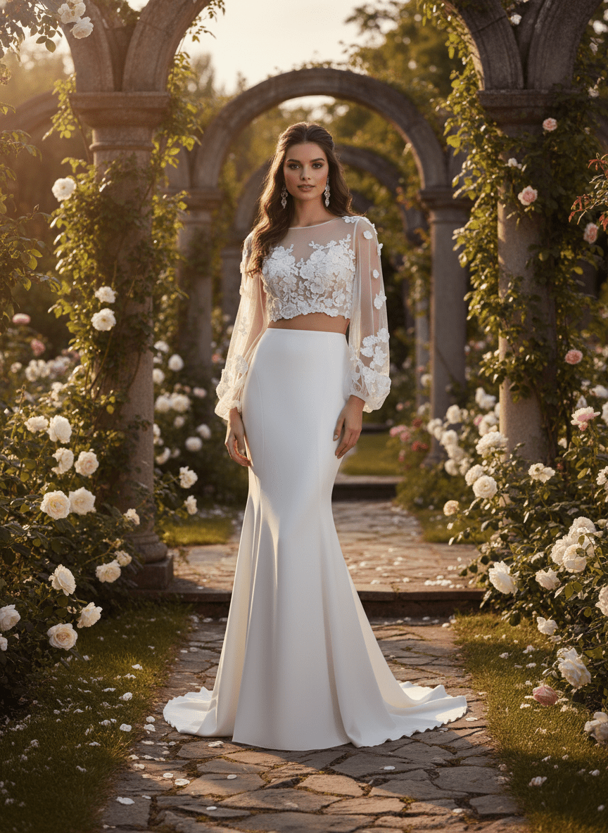Boho Two Piece Wedding Dress Lace Crop Top Long Sleeve Bridal Gown - Wedding Dress - SilqueBridal
