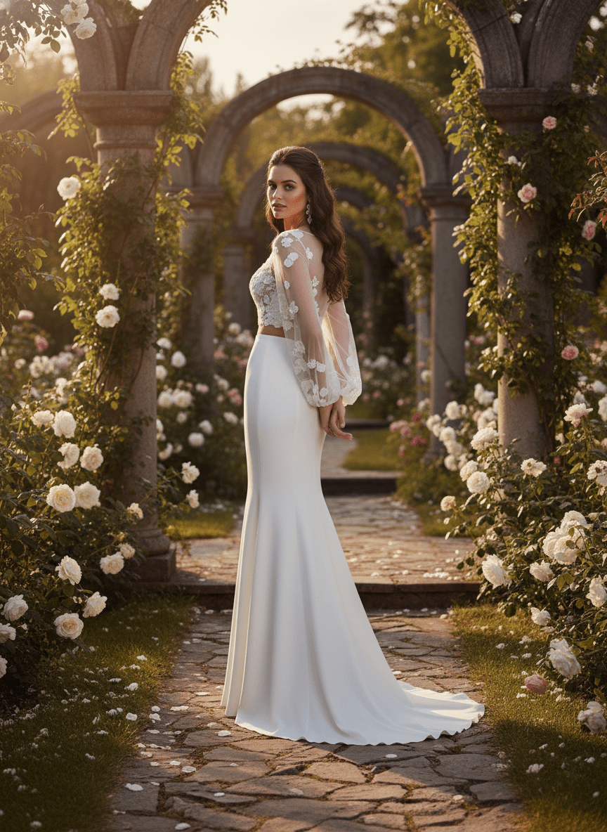 Boho Two Piece Wedding Dress Lace Crop Top Long Sleeve Bridal Gown - Wedding Dress - SilqueBridal