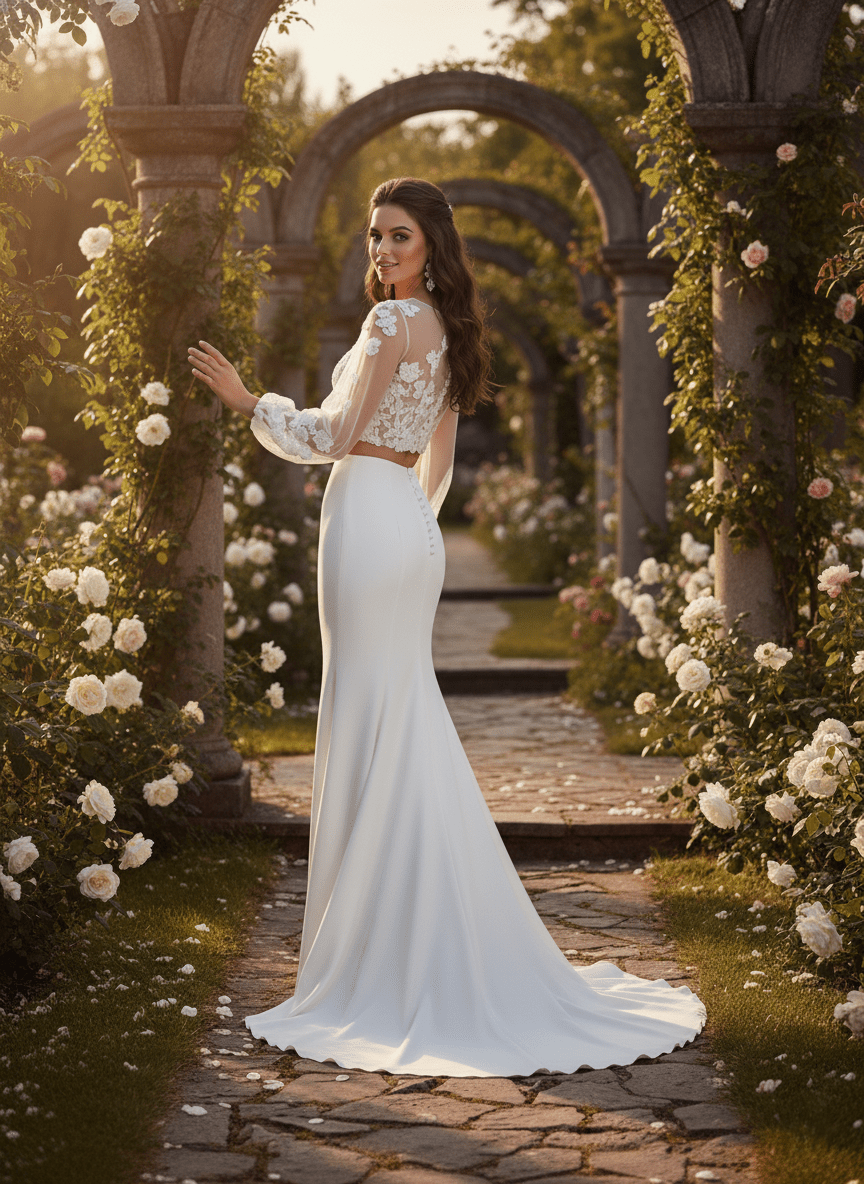 Boho Two Piece Wedding Dress Lace Crop Top Long Sleeve Bridal Gown - Wedding Dress - SilqueBridal