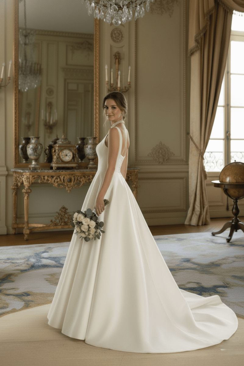Classic Satin A - Line Wedding Dress Square Neck Elegant Bridal Gown - Wedding Dress - SilqueBridal