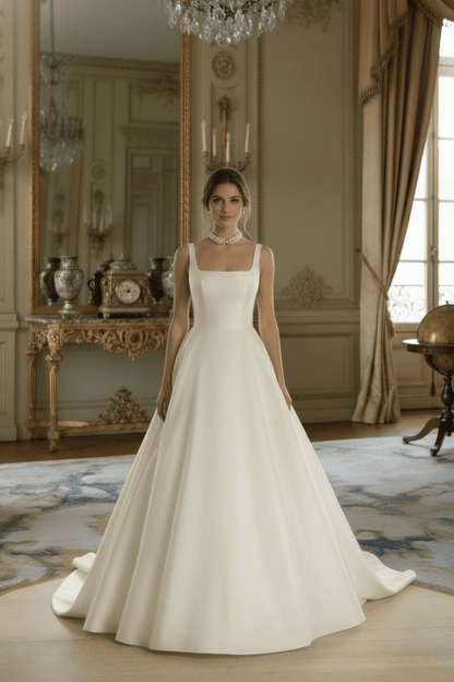 Classic Satin A - Line Wedding Dress Square Neck Elegant Bridal Gown - Wedding Dress - SilqueBridal