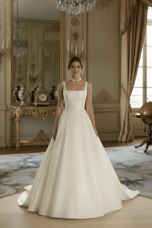 Classic Satin A - Line Wedding Dress Square Neck Elegant Bridal Gown - Wedding Dress - SilqueBridal