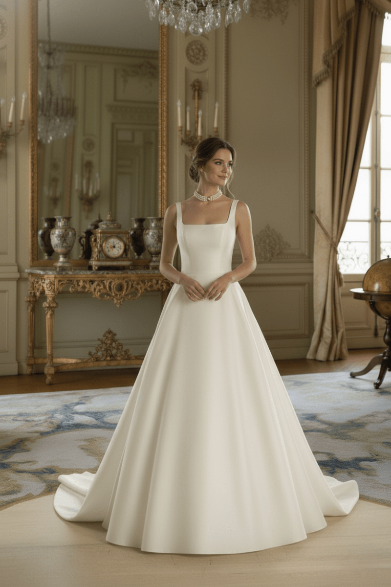 Classic Satin A-Line Wedding Dress Square Neck Elegant Bridal Gown – SilqueBridal