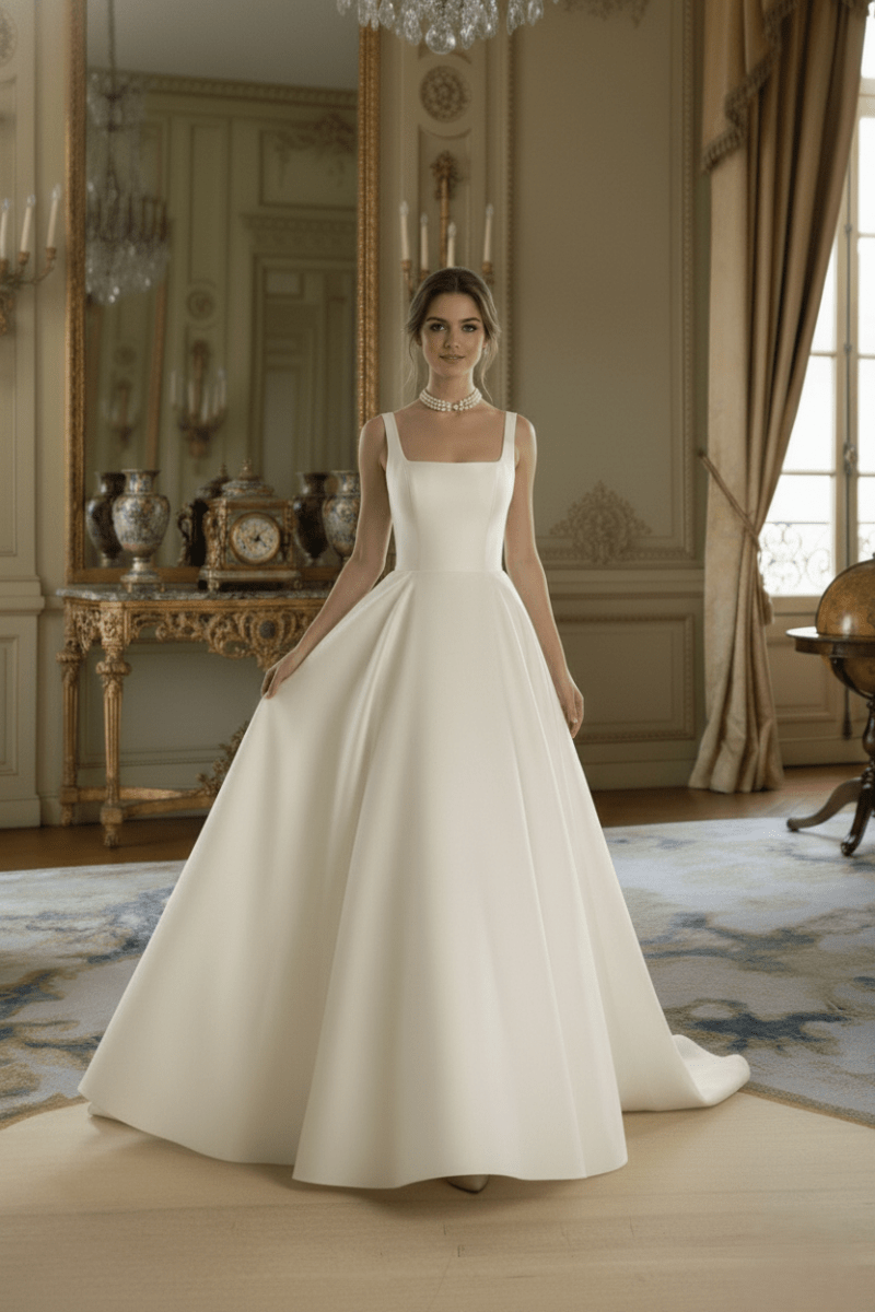 Classic Satin A - Line Wedding Dress Square Neck Elegant Bridal Gown - Wedding Dress - SilqueBridal