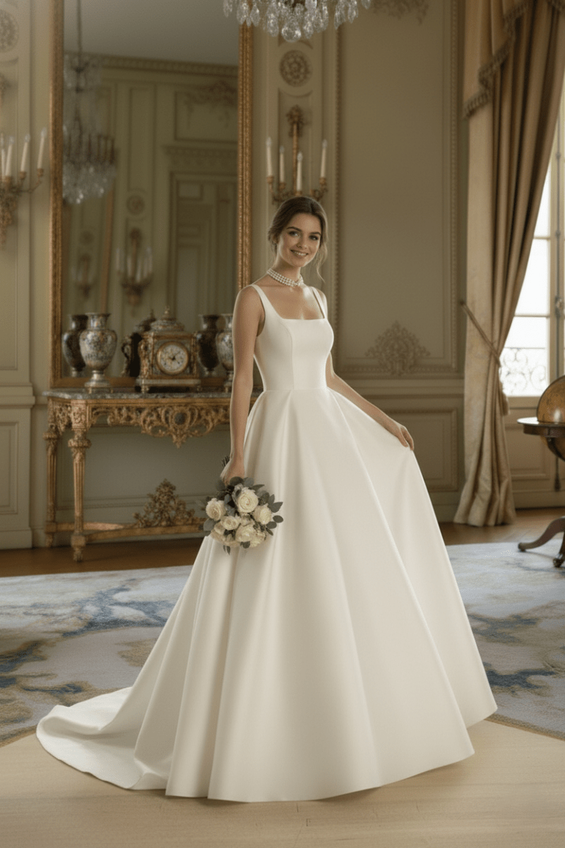 Classic Satin A - Line Wedding Dress Square Neck Elegant Bridal Gown - Wedding Dress - SilqueBridal