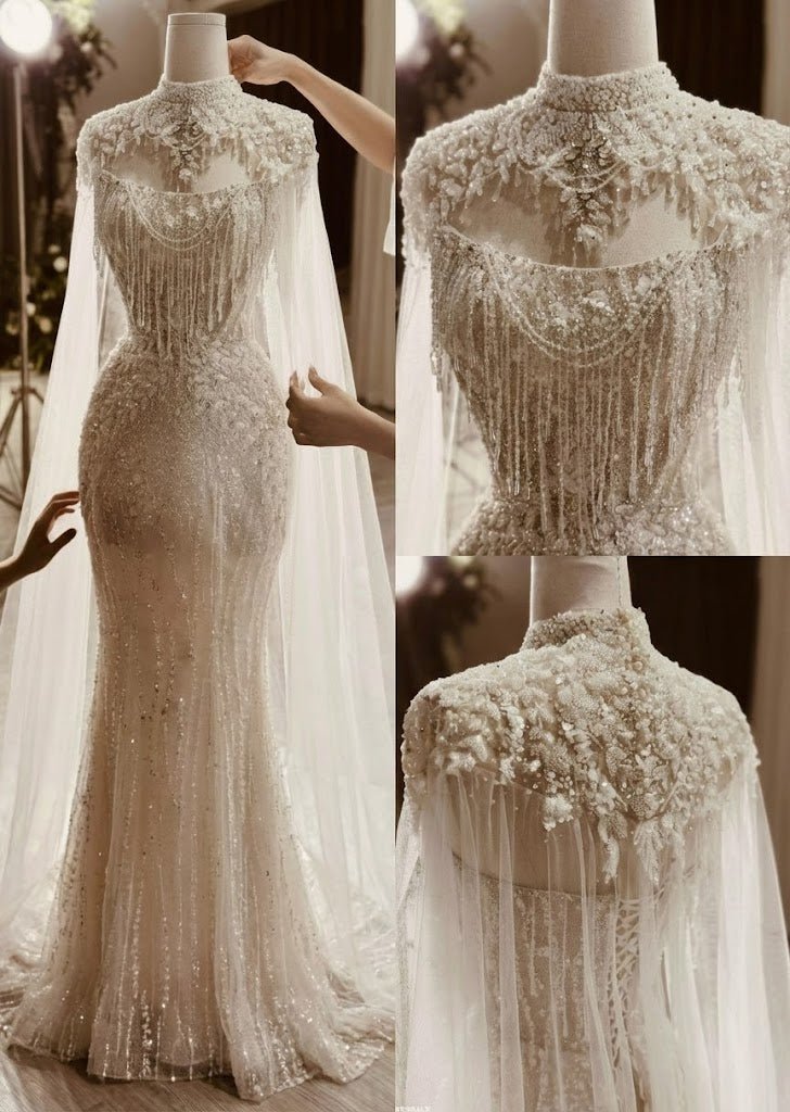 Couture Beaded High - Neck Sheath Wedding Dress with Crystal Cape - Wedding Dress - SilqueBridal
