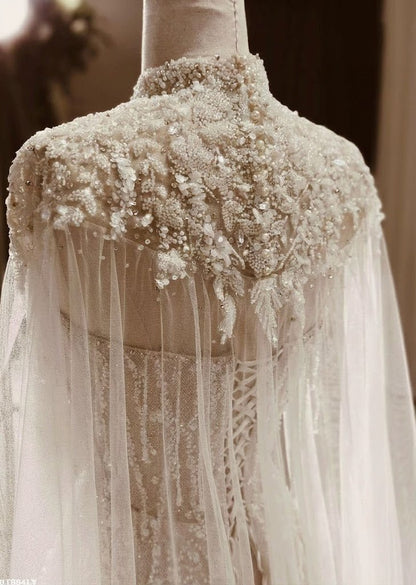 Couture Beaded High - Neck Sheath Wedding Dress with Crystal Cape - Wedding Dress - SilqueBridal