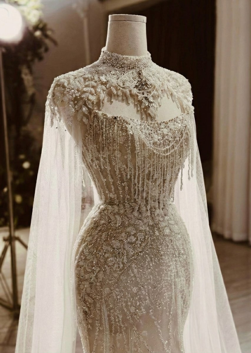 Couture Beaded High - Neck Sheath Wedding Dress with Crystal Cape - Wedding Dress - SilqueBridal