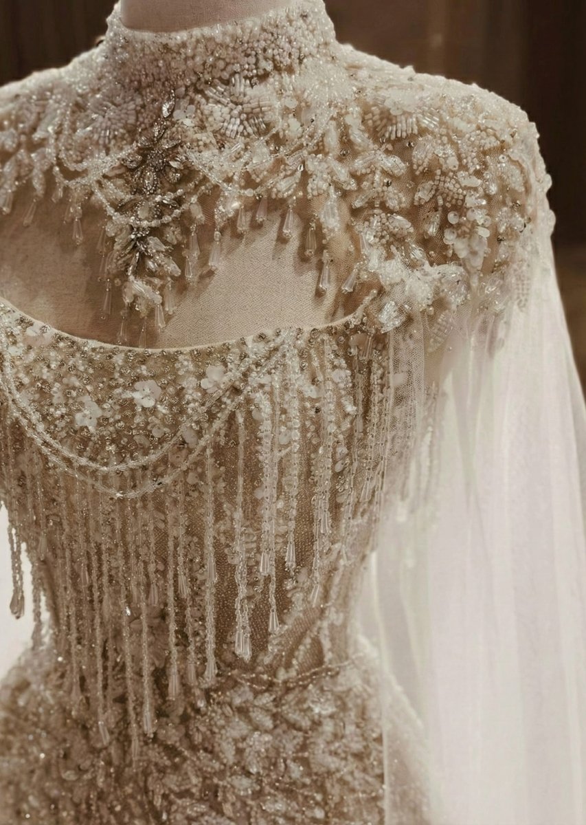 Couture Beaded High - Neck Sheath Wedding Dress with Crystal Cape - Wedding Dress - SilqueBridal