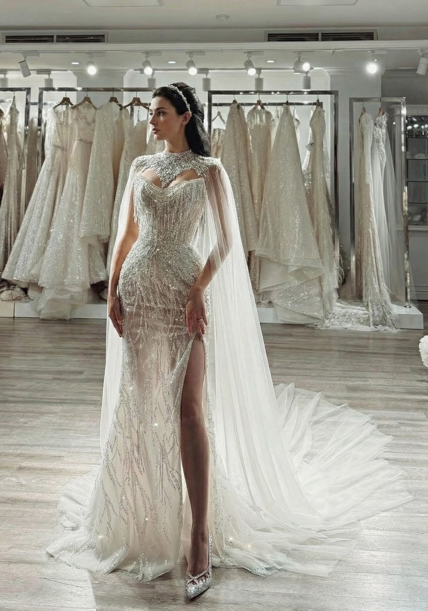 Couture Beaded High - Neck Sheath Wedding Dress with Crystal Cape - Wedding Dress - SilqueBridal