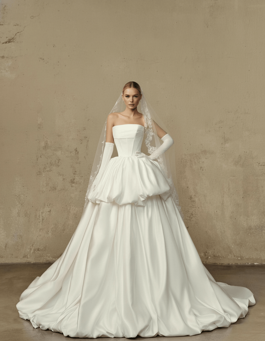 Couture Bubble Ball Gown Wedding Dress – Strapless Satin Bridal Look - Wedding Dress - SilqueBridal