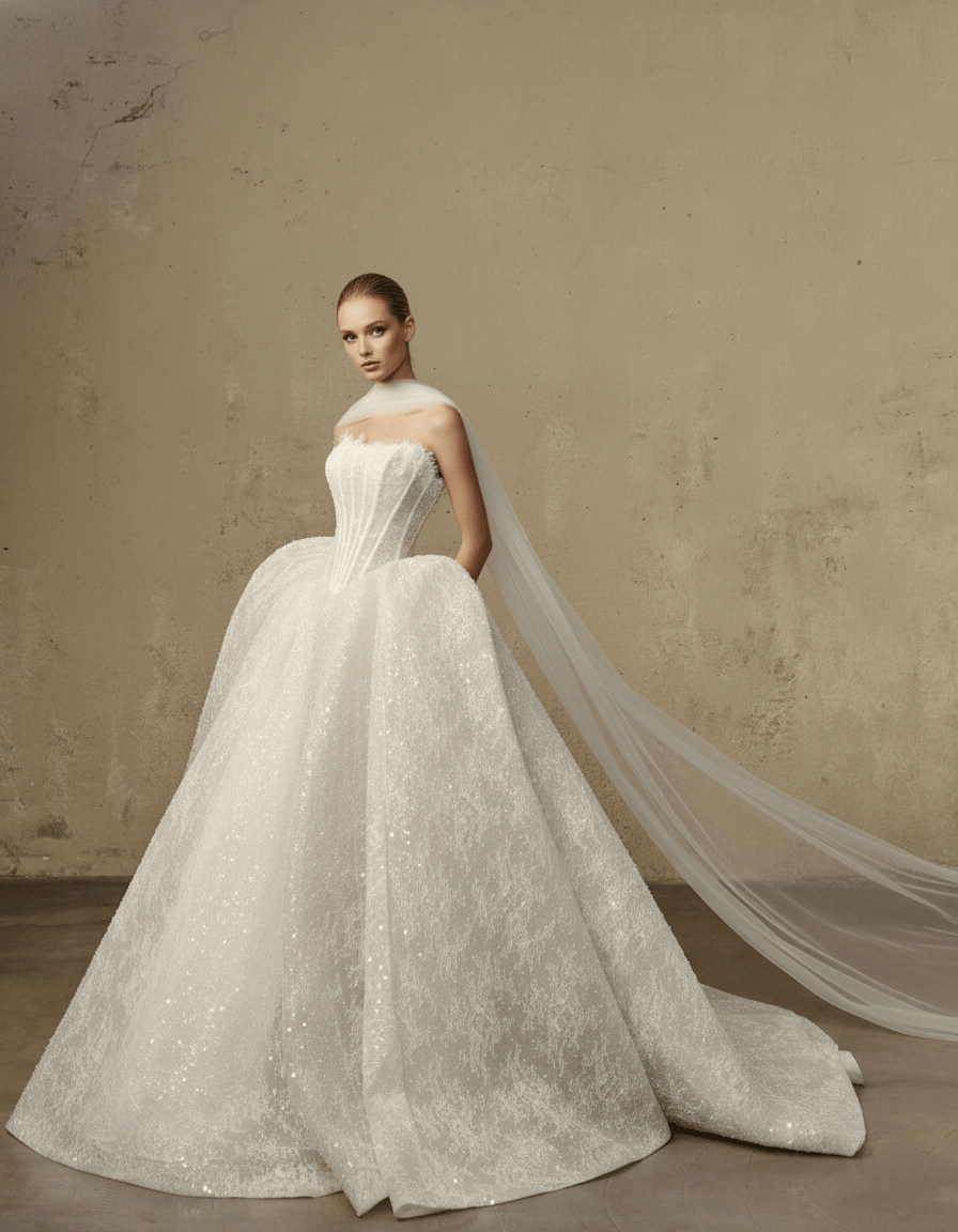 Couture Glitter Corset Ball Gown – Strapless Luxury Wedding Dress Couture Glitter Corset Ball Gown – Strapless Luxury Wedding Dress
