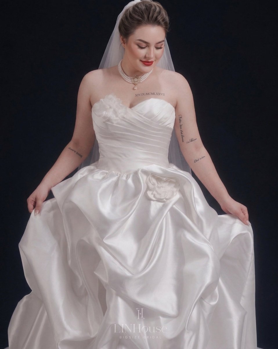 Dramatic Plus Size Strapless Draped Satin Ball Gown - Wedding Dress - SilqueBridal