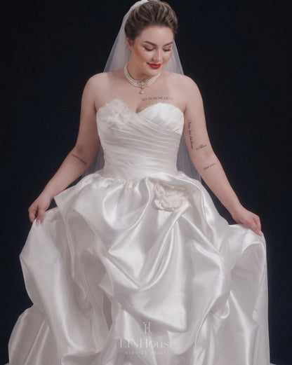 Dramatic Plus Size Strapless Draped Satin Ball Gown - Wedding Dress - SilqueBridal