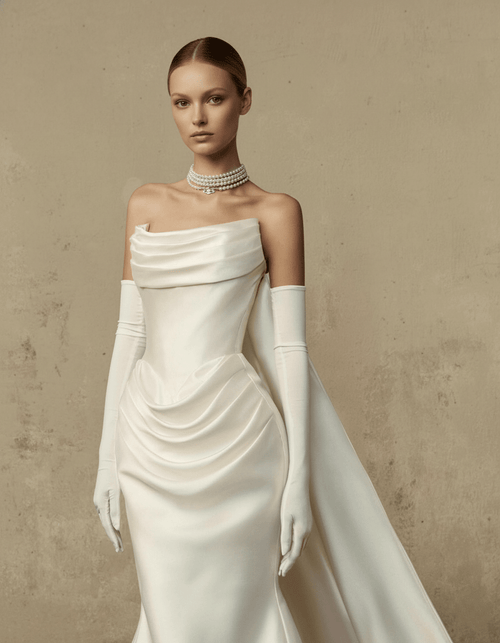 Draped Satin Fit-and-Flare Wedding Dress Couture Elegant Bridal Gown - Custom Size Draped Satin Fit-and-Flare Wedding Dress Couture Elegant Bridal Gown - Custom Size