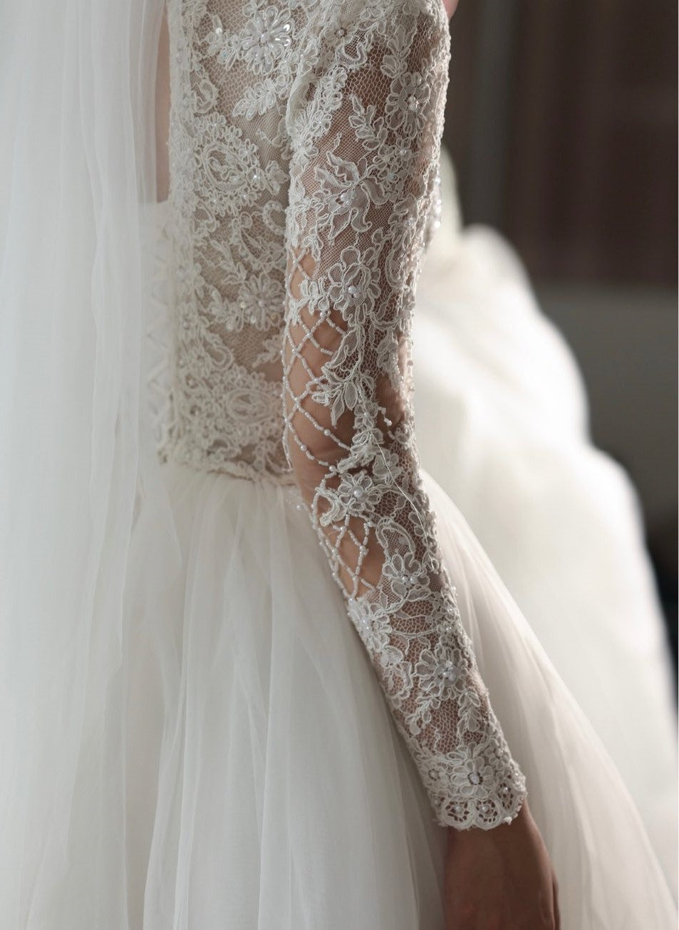 High-Neck Long-Sleeve Lace Ball Gown with Sheer Bodice & Tulle Skirt