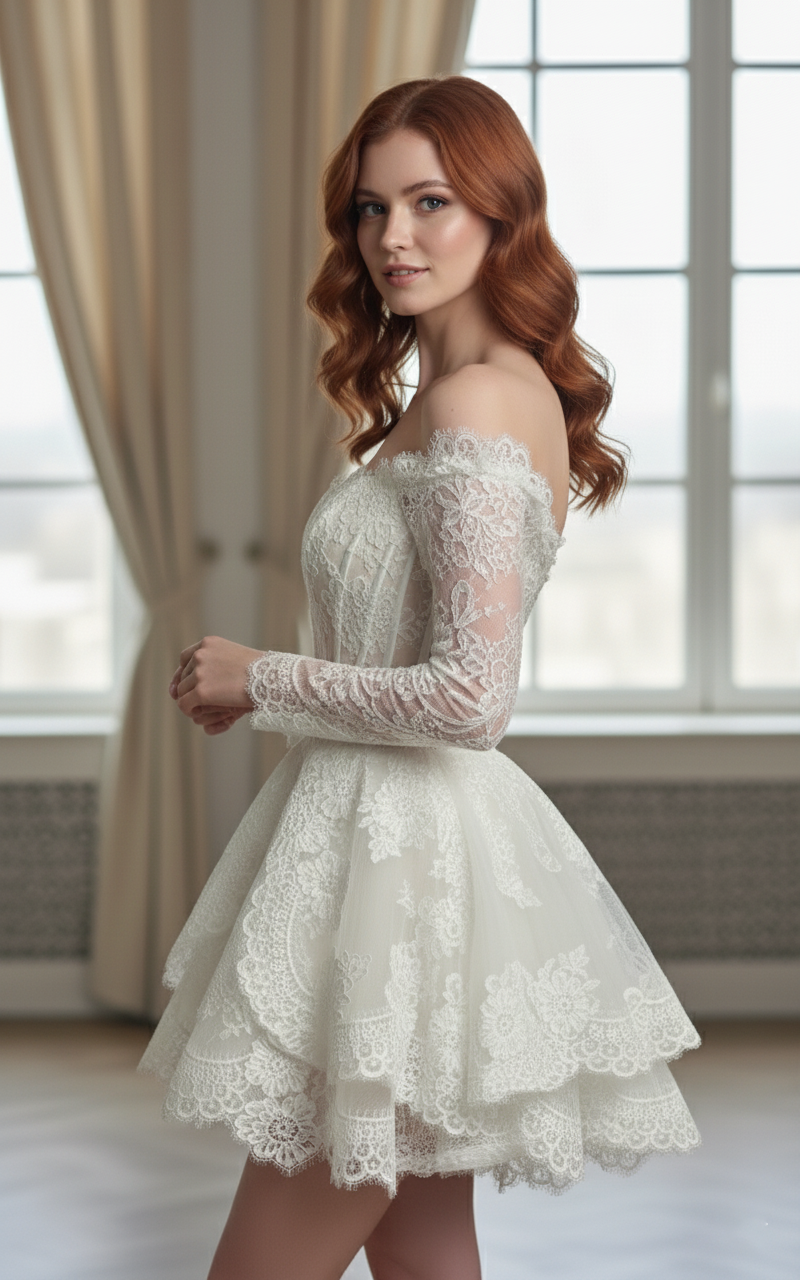 Flirty Lace Off-Shoulder Mini Wedding Dress | Silque