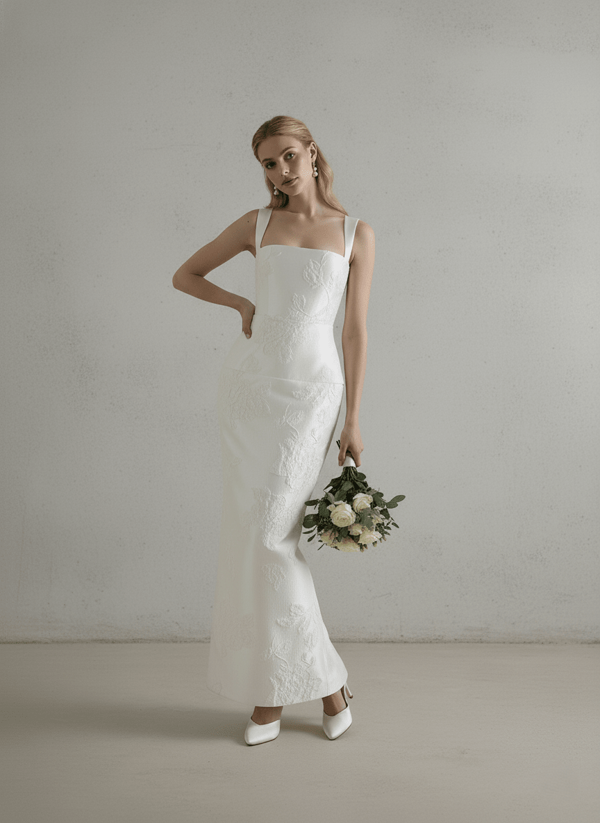 Embroidered Wedding Dress Square Neck Sheath Bridal Gown Minimalist Floral Dress - Wedding Dress - SilqueBridal