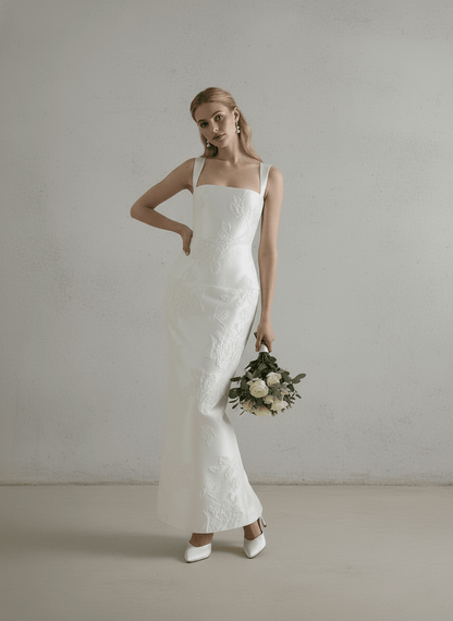 Embroidered Wedding Dress Square Neck Sheath Bridal Gown Minimalist Floral Dress - Wedding Dress - SilqueBridal