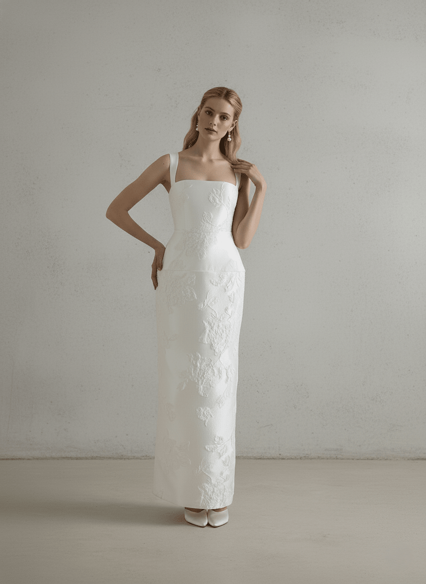 Embroidered Wedding Dress Square Neck Sheath Bridal Gown Minimalist Floral Dress - Wedding Dress - SilqueBridal