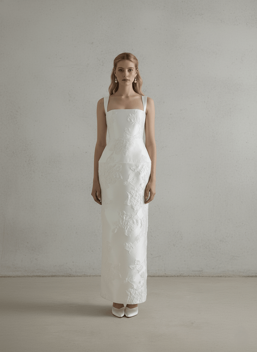 Embroidered Wedding Dress Square Neck Sheath Bridal Gown Minimalist Floral Dress - Wedding Dress - SilqueBridal