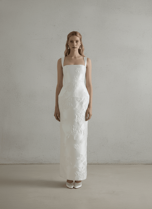 Embroidered Wedding Dress Square Neck Sheath Bridal Gown Minimalist Floral Dress - Wedding Dress - SilqueBridal