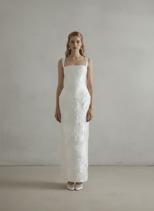 Embroidered Wedding Dress Square Neck Sheath Bridal Gown Minimalist Floral Dress - Wedding Dress - SilqueBridal