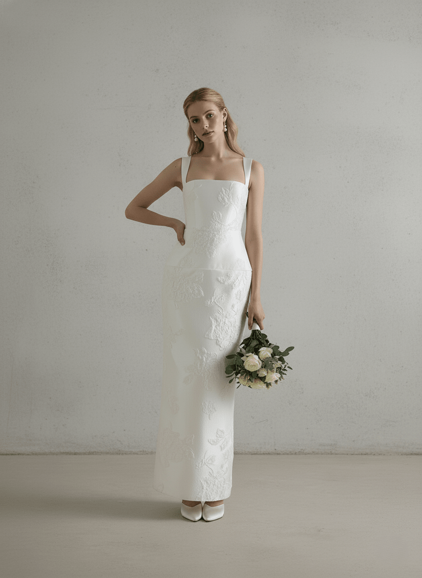 Embroidered Wedding Dress Square Neck Sheath Bridal Gown Minimalist Floral Dress - Wedding Dress - SilqueBridal
