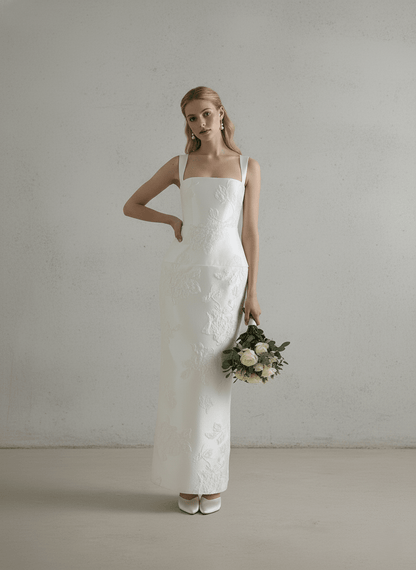 Embroidered Wedding Dress Square Neck Sheath Bridal Gown Minimalist Floral Dress - Wedding Dress - SilqueBridal