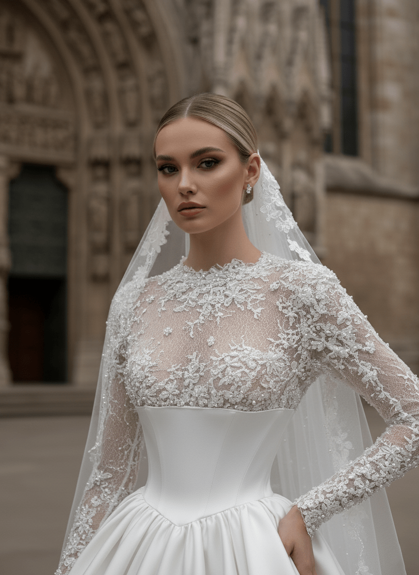 Ethereal Lace Long - Sleeve Wedding Gown with Satin Corset - Wedding Dress - SilqueBridal