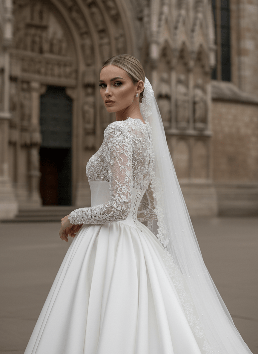Ethereal Lace Long - Sleeve Wedding Gown with Satin Corset - Wedding Dress - SilqueBridal