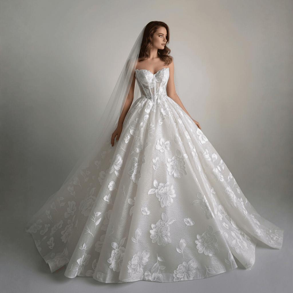 Exquisite Floral Ball Gown Wedding Dress – Diamond White | Silque Bridal - Wedding Dress - SilqueBridal