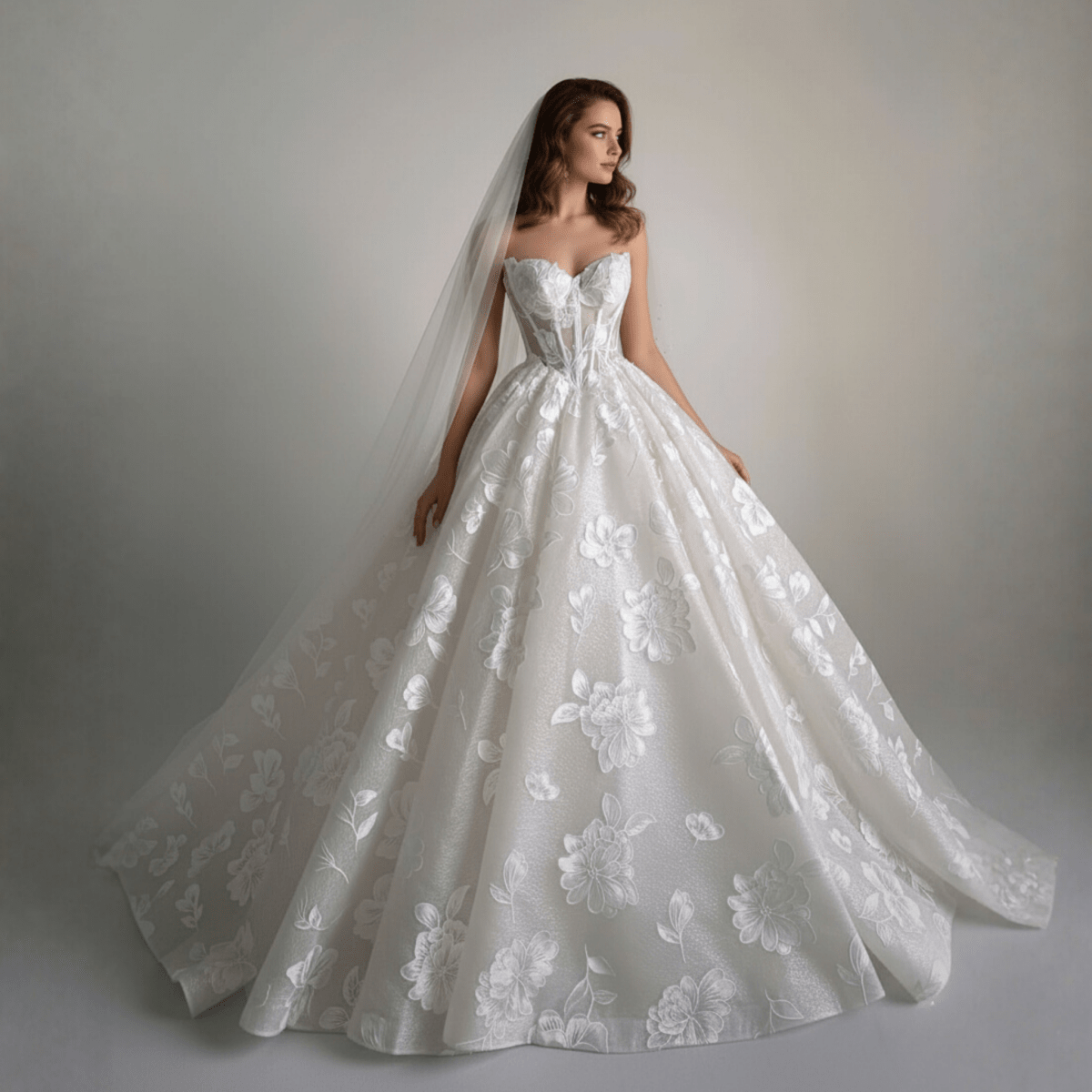 Exquisite Floral Ball Gown Wedding Dress – Diamond White | Silque Bridal - Wedding Dress - SilqueBridal