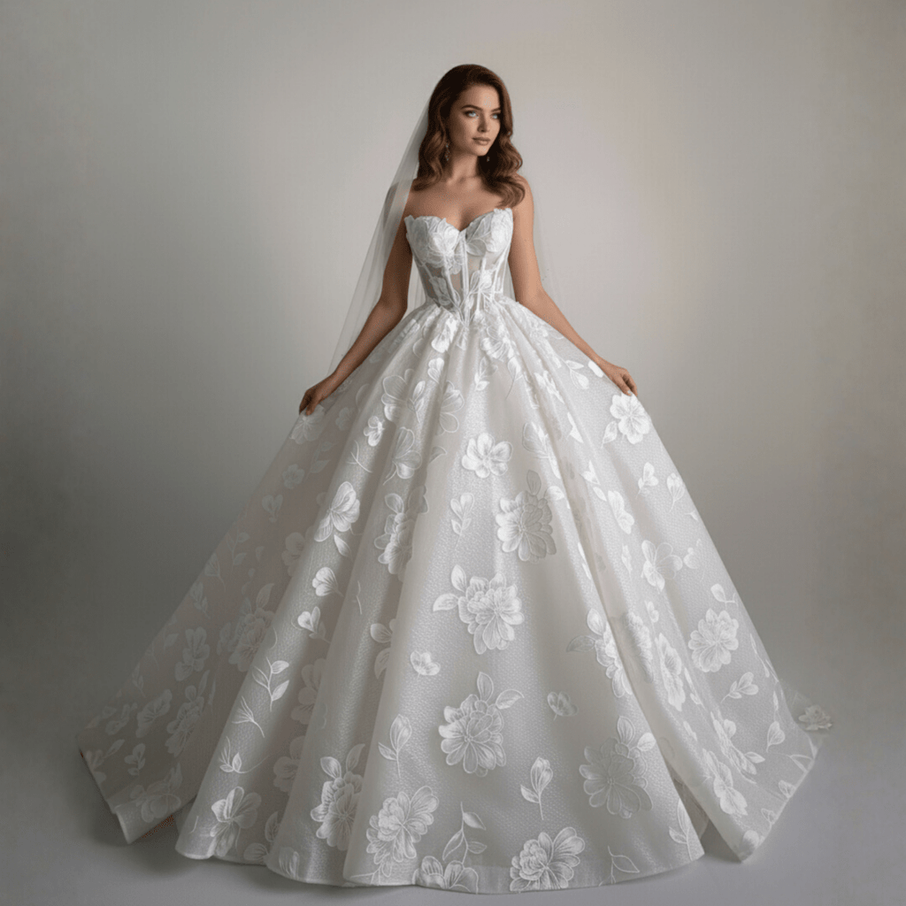 Exquisite Floral Ball Gown Wedding Dress – Diamond White | Silque Bridal - Wedding Dress - SilqueBridal