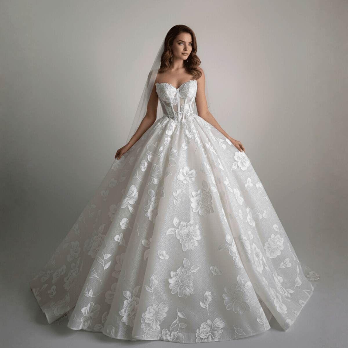 Exquisite Floral Ball Gown Wedding Dress – Diamond White | Silque Bridal - Wedding Dress - SilqueBridal