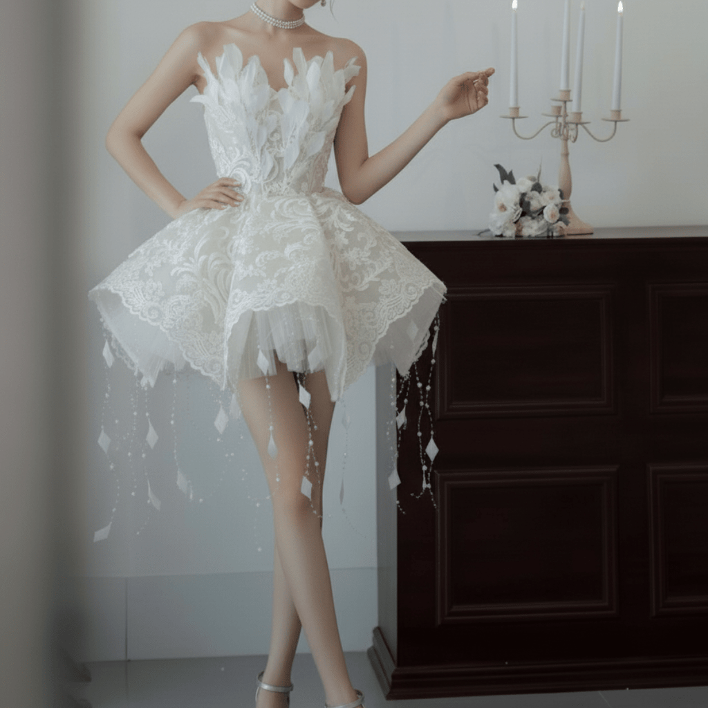 Feather and Lace Mini Wedding Dress – Couture Short Bridal Gown with Flared Skirt | Silque Mini Bridal Collection - Wedding Dress - SilqueBridal