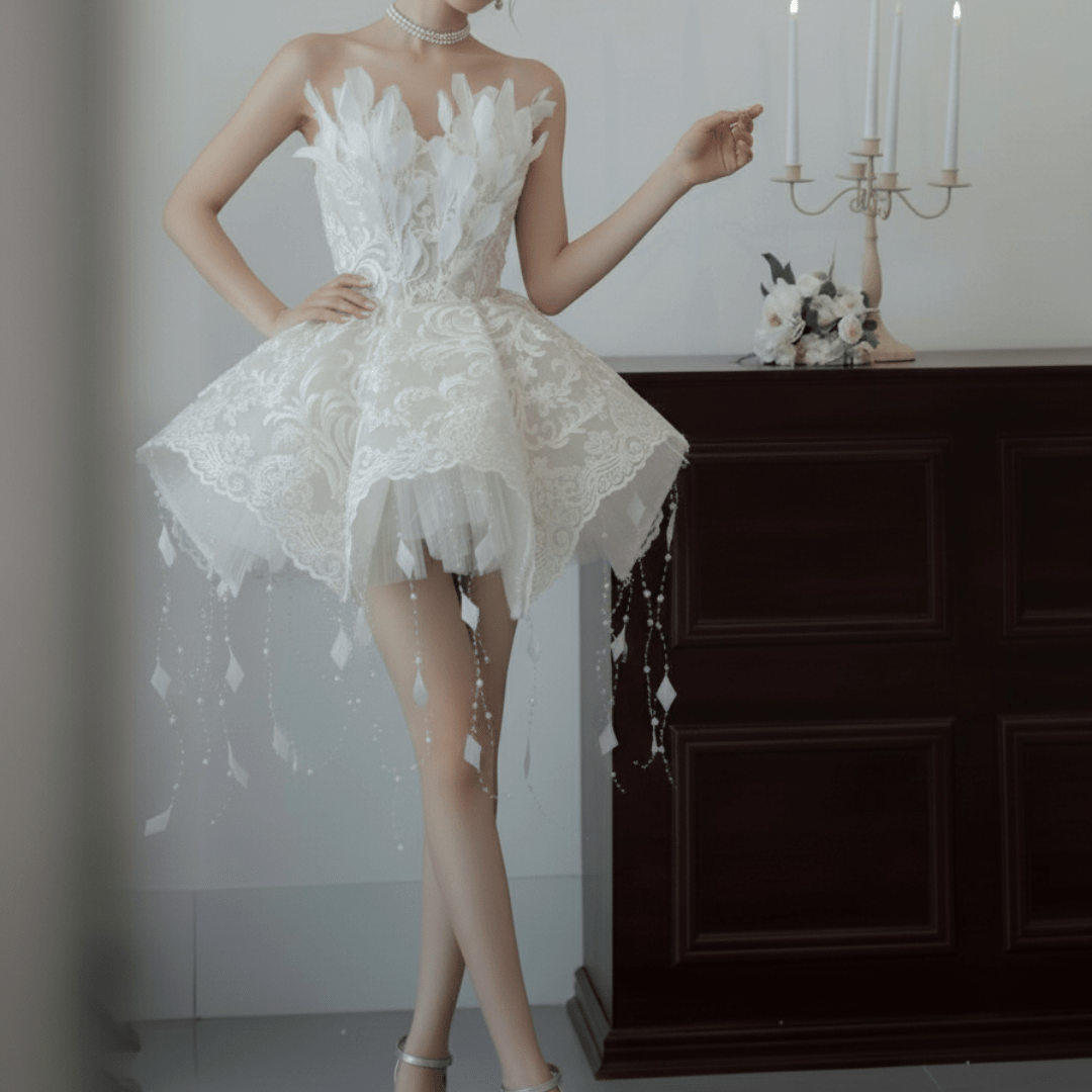 Feather and Lace Mini Wedding Dress – Couture Short Bridal Gown with Flared Skirt | Silque Mini Bridal Collection - Wedding Dress - SilqueBridal