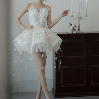 Feather and Lace Mini Wedding Dress – Couture Short Bridal Gown with Flared Skirt | Silque Mini Bridal Collection - Wedding Dress - SilqueBridal