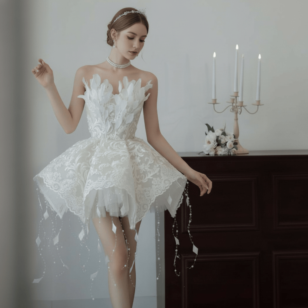 Feather and Lace Mini Wedding Dress – Couture Short Bridal Gown with Flared Skirt | Silque Mini Bridal Collection - Wedding Dress - SilqueBridal