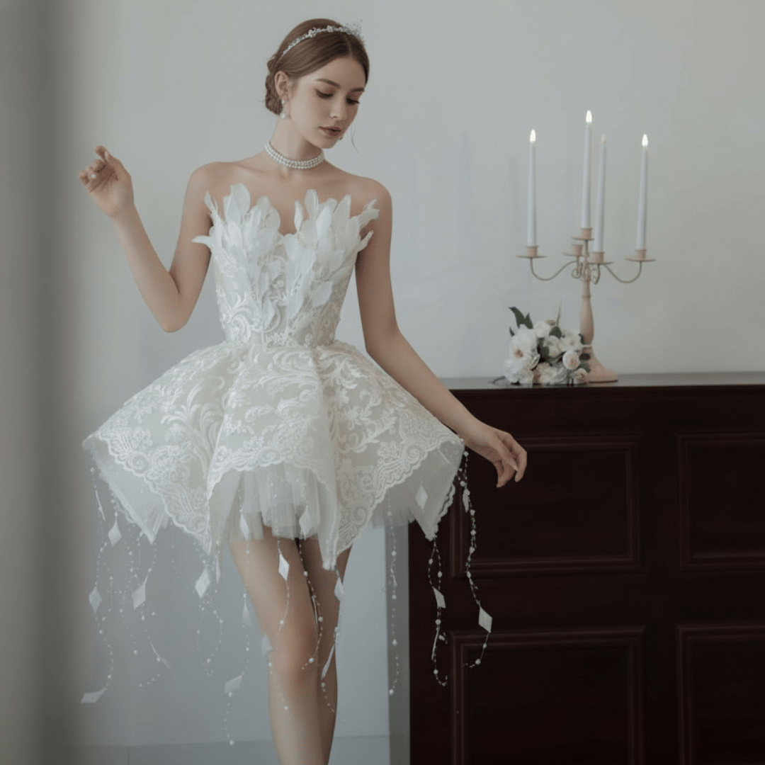 Feather and Lace Mini Wedding Dress – Couture Short Bridal Gown with Flared Skirt | Silque Mini Bridal Collection - Wedding Dress - SilqueBridal