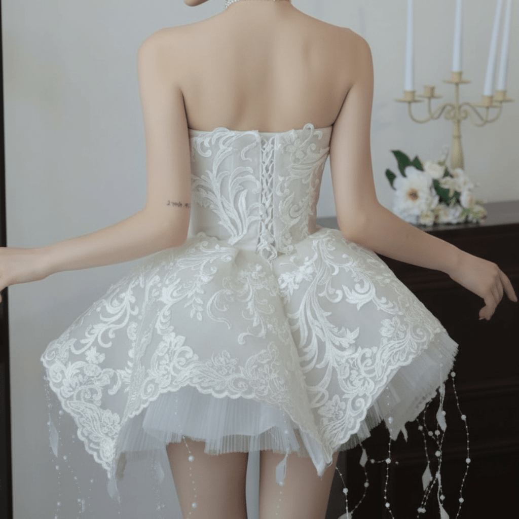 Feather and Lace Mini Wedding Dress – Couture Short Bridal Gown with Flared Skirt | Silque Mini Bridal Collection - Wedding Dress - SilqueBridal