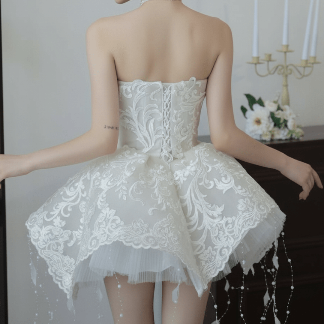 Feather and Lace Mini Wedding Dress – Couture Short Bridal Gown with Flared Skirt | Silque Mini Bridal Collection - Wedding Dress - SilqueBridal