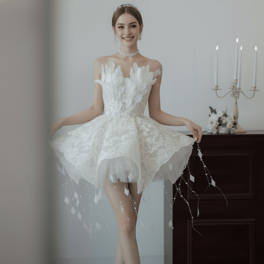 Feather and Lace Mini Wedding Dress – Couture Short Bridal Gown with Flared Skirt | Silque Mini Bridal Collection - Wedding Dress - SilqueBridal