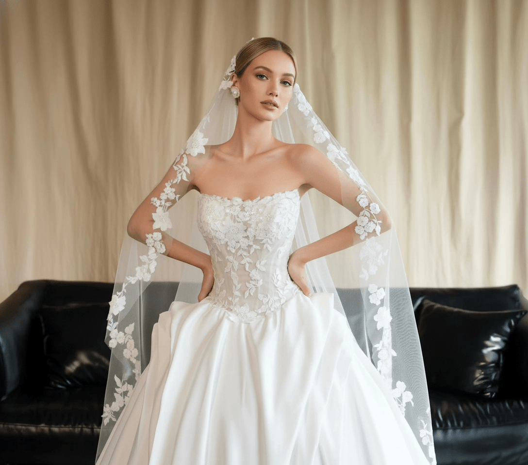 Floral Lace Ball Gown Wedding Dress – Strapless Illusion Bodice, 3D Appliqués & Soft Satin Skirt - Wedding Dress - SilqueBridal
